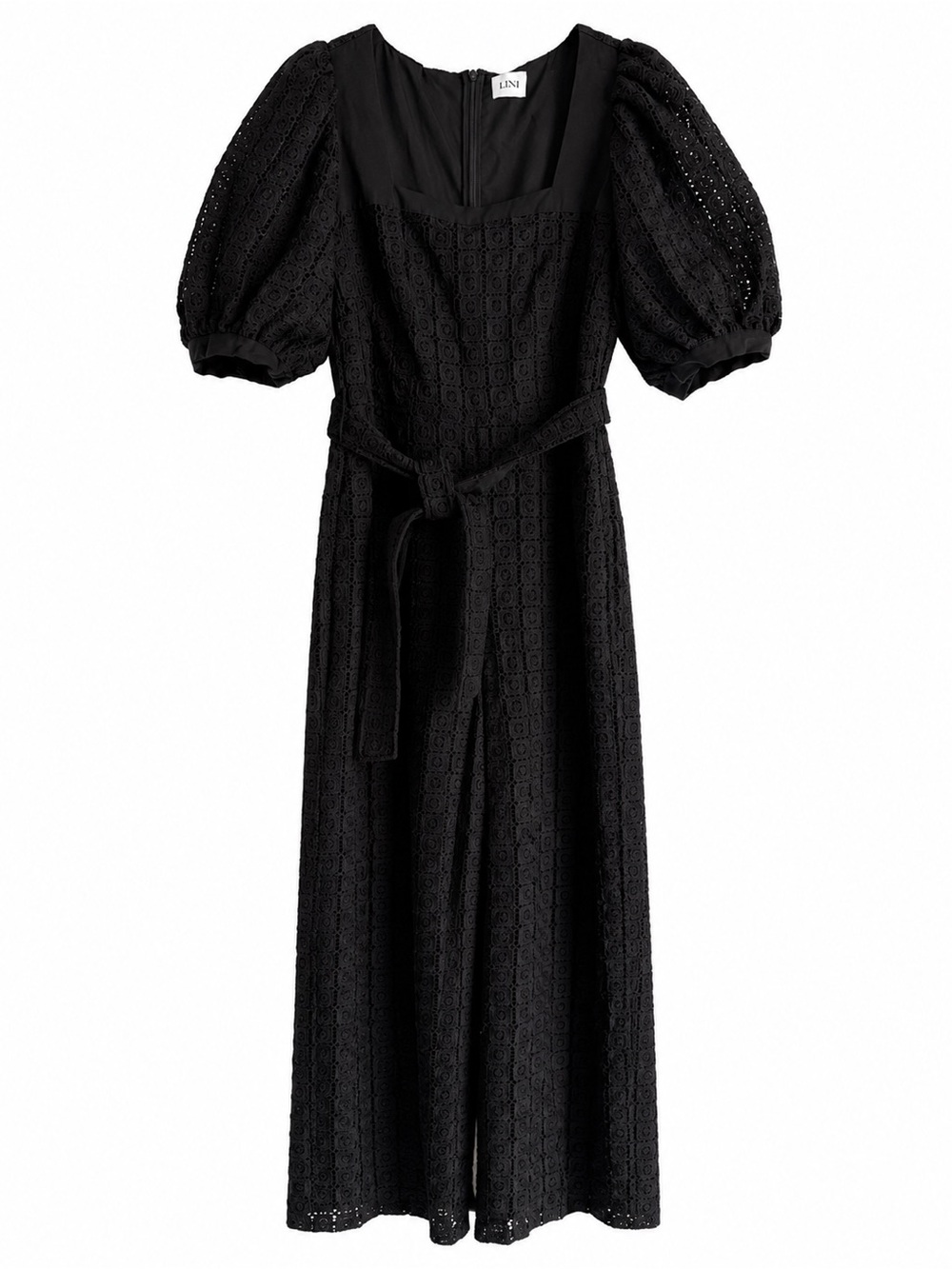 Black Eyelet Puff-Sleeve Jumpsuit M - Picture 2 of 10